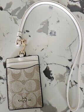 Coach Beige Signature Cardholder Lanyard with White Trim